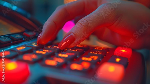 Close-up of a female hand dialing a personal code on an ATM keyboard, illustrating the concepts of safe use of bank cards, deductible funds, wholesale services, and cash receipts. photo
