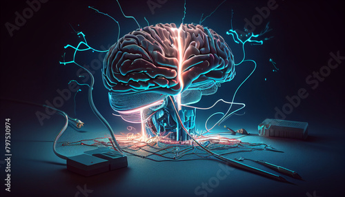 An illustration of a brain with a glowing yellow and orange line running through the center. There are a number of wires attached to the brain, and the background is dark with a blue light.


