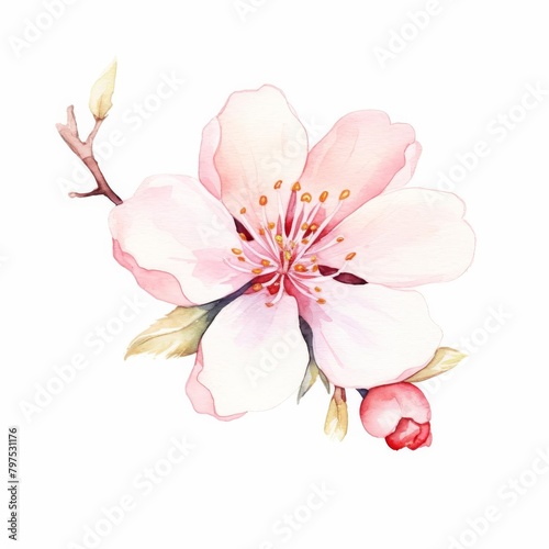 A delicate singular cherry blossom rendered precisely in shades of pink and white watercolor