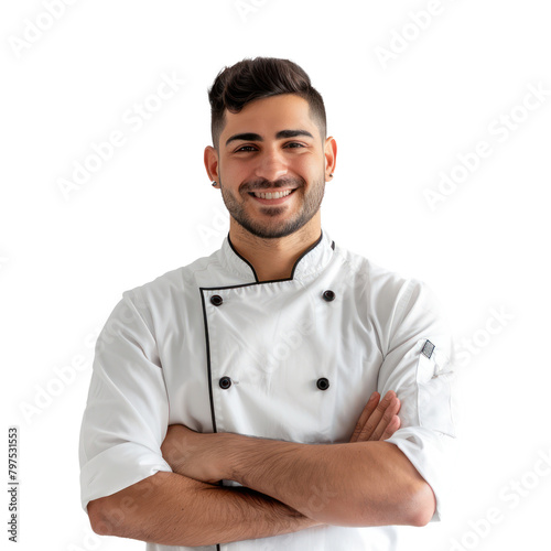Smiling young male chef with crossed arms looking at camera on transparency background PNG  © Sim