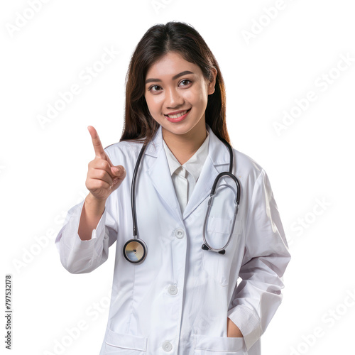 young female doctor hand pointing at something with smiling looking at camera on transparency background PNG 