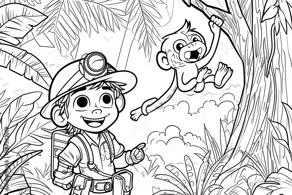 Explorer in Jungle: Cartoon Black and White Coloring Page with Monkey Hanging from Tree