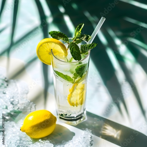 Refreshing drink with lemon and mint in cocktail and summer vacation concept. Generating AI