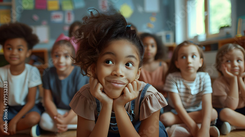 A teacher is teaching children in the classroom. and several multiethnic kids sit on their knees with hands under chin looking at the camera 