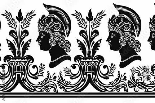 Black and White Ancient Greek Tattoo Pattern: Meanders, Mythological Figures, Symmetry