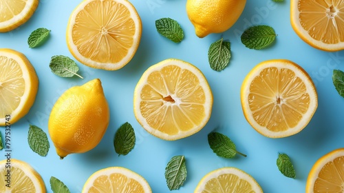 top view of lemons on blue background