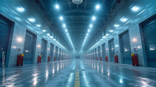 A warehouse with bright lamps on the ceiling, an image of a large space conducive to trading, storage, and commercial activities.