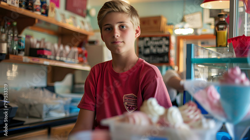 A teenager with a learning disability is confidently handling cash at a small-town ice cream parlor. 