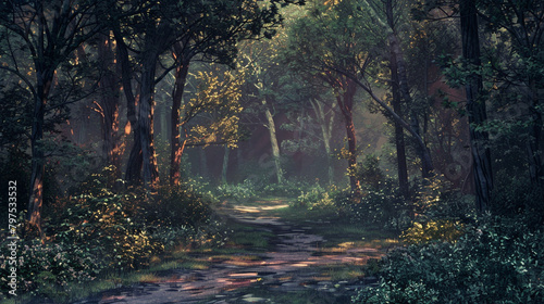 Twilight Forest Trail A mesmerizing scene of a forest path bathed in the soft light of twilight, with shadows lengthening and the air filled with a sense of mystery and wonder. photo