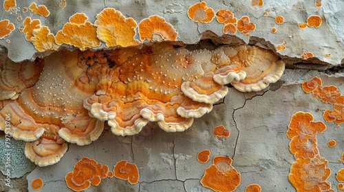 A large growing fungus (Serpula lacrymans) on the floor and walls of a residential building. It is the most destructive fungus that attacks wooden elements. photo