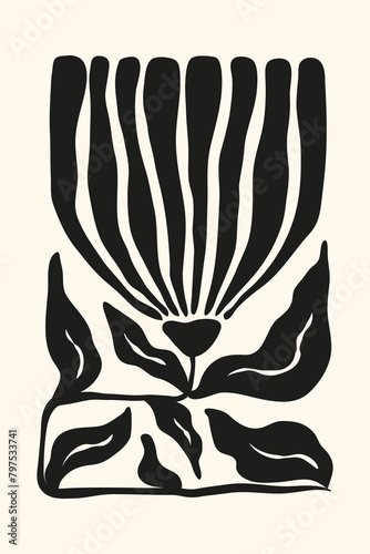 Vászonkép Hand drawn minimal flower and wriggling leaves in black color in Matisse style