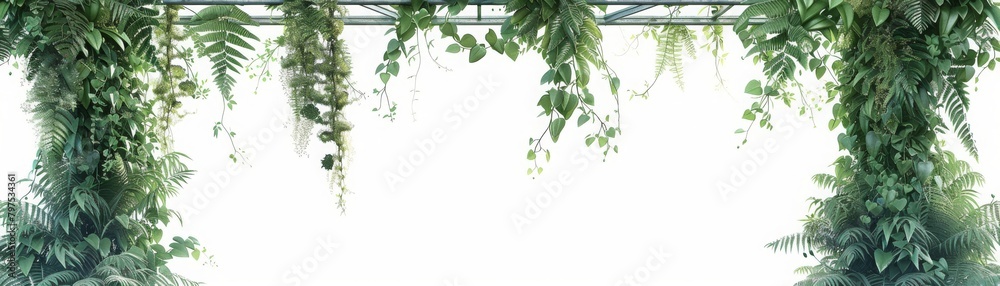 A green plant with leaves hanging over a white background A green plant with leaves hanging over a white background