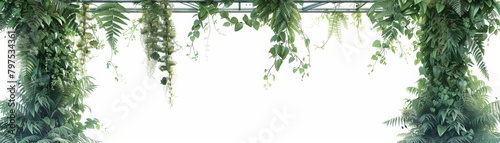 A green plant with leaves hanging over a white background