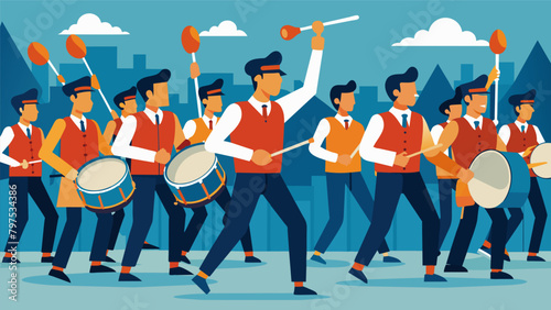 The drumline sets the rhythm for the parade their beats echoing through the crowd as the high school bands follow closely behind.. Vector illustration