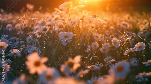 Serene Field of White Daisies at Sunset photo