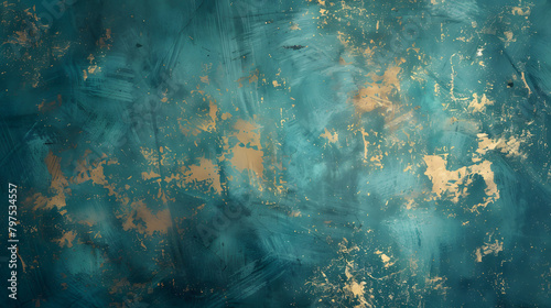 A turquoise and gold grunge background texture with large brush strokes 