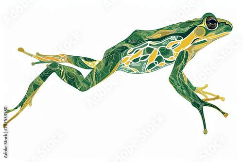 Leaping Frog Digital Illustration in Greens and Yellows on White Background photo