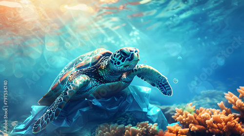 A turtle is stuck in plastic underwater. against the backdrop of a coral reef and sunlight illuminating the water. The sea creature is depicted in its natural habitat 