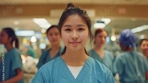 Confident Nursing Student with Team in Hospital