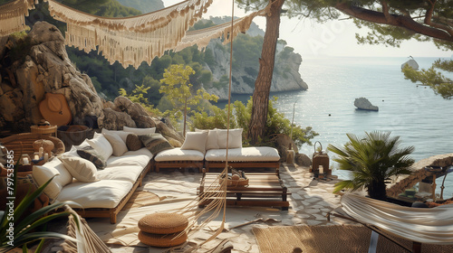 Terrace of a villa in Ibiza with sea views and boho style