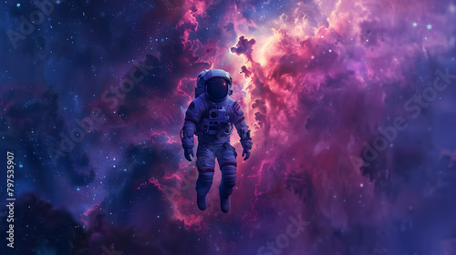 a lone astronaut drifting through the vast expanse of space, their spaceship a faint glimmer in the distance against the backdrop of a swirling nebula. photo