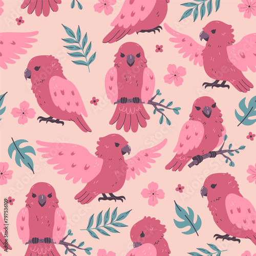 Seamless pattern of cute pink parrots. Vector graphics. © Екатерина Зирина