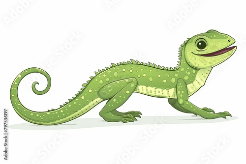 Grinning Green Lizard Cartoon Illustration: Playful Side Profile with Curly Tail © Michael