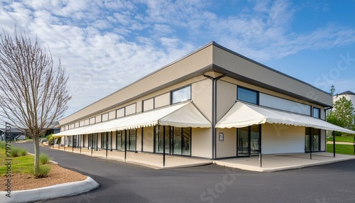Newly constructed retail and business building with awning, currently offering space for purchase or rental in a combined storefront and office setting. photo