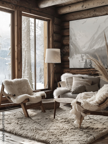 Interior of a charlet with a view of winter landscape photo