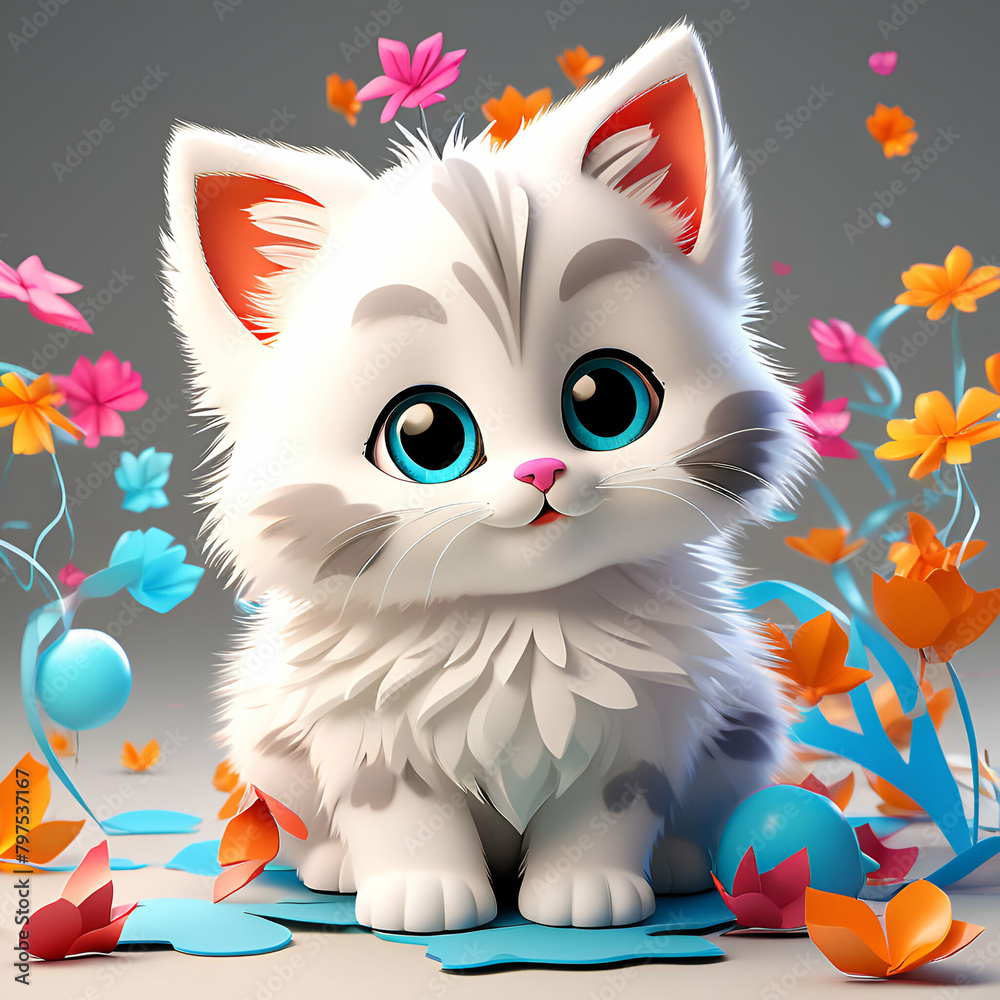 Happy mood kitten, cute little cat, ; cat - kids birthday card , party mood cat in colorful background