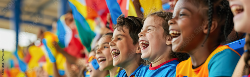 Group of happy children watching together a sports event in the stadium
