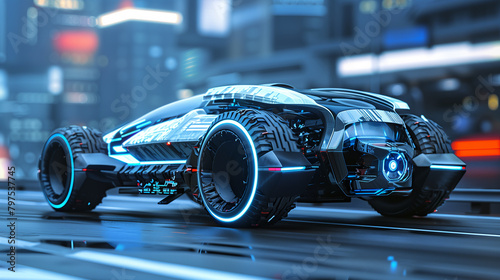 a futuristic cybernetic vehicle  equipped with autonomous driving features and advanced security measures.