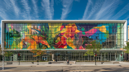 A vivid tapestry on the facade of a public library. exhibiting bold hues and forms that bring life to the cityscape. Visually appealing with a clear emphasis and a soft backdrop.  photo