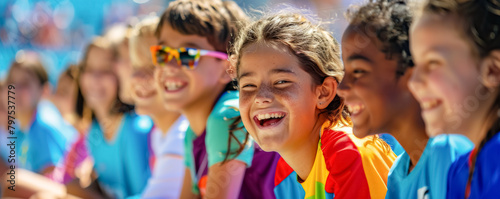 Group of happy children watching together a sports event in the stadium 