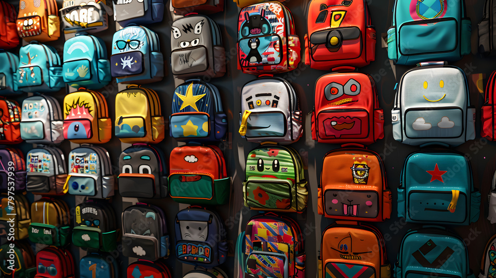 A wall of colorful backpacks with various cartoon characters and symbols 