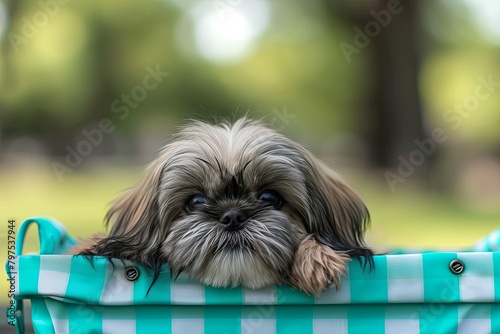 Shih Tzu Puppy Relaxing in Turquoise Picnic Basket: High-Resolution Image capturing Leisure and Relaxation in Park Settings © Michael