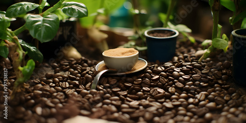 cup of coffee with coffee beans in the garden, yummy coffee with beans, generative AI