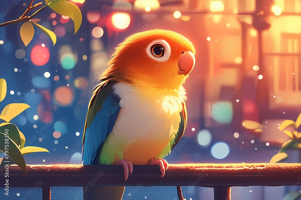 Naklejka premium Cute cartoon parrots with colorful city lights in the background