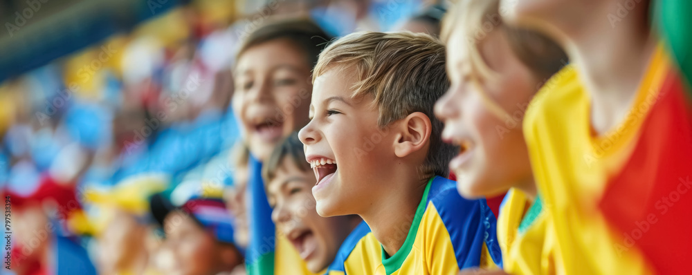Group of happy children watching together a sports event in the stadium
