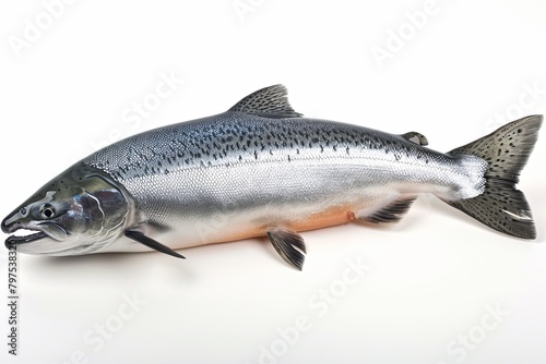 High-Resolution Atlantic Salmon Isolated on White Background: Side Profile View with Silver Scales, Detailed Texture, Metallic Sheen, Splayed Fins, Clear Eye, Closed Mouth