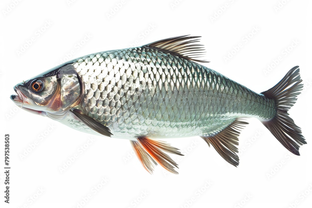 High-Resolution Silver Scaled Barramundi: Side Profile with Detailed Texture and Clear Eye High-Resolution Silver Scaled Barramundi: Side Profile with Detailed Texture and Clear Eye