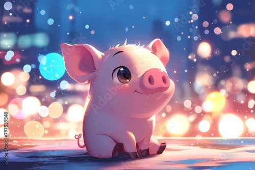 cute cartoon pig with colorful city lights in the background photo