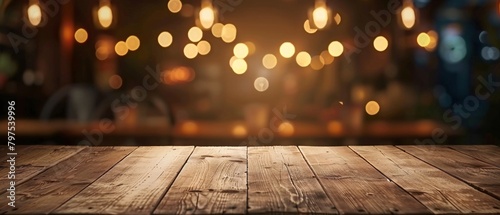 A wooden table with a blurry background of lights