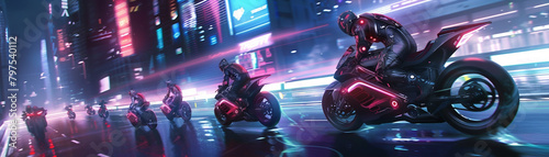 A group of sleek robots zipping through a futuristic city on their customized motorcycles, hyper realistic, low noise, low texture © North