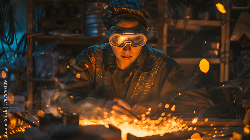 A woman in advanced goggles and a cap is soldering in the workshop. with embers scattering around her. Shes encircled by wooden pieces of various forms and dimensions A woman in advanced goggles and a cap is soldering in the workshop. with embers scattering around her. Shes encircled by wooden pieces of various forms and dimensions