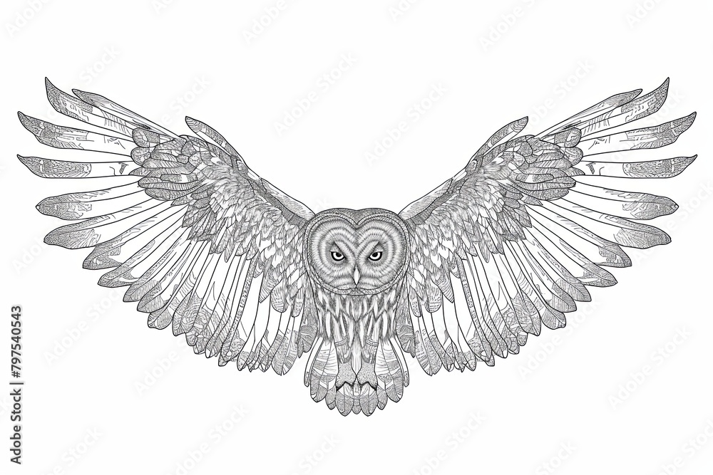 Obraz premium Owl Wings: Detailed Grey Line Art Illustration of Wisdom and Mystery