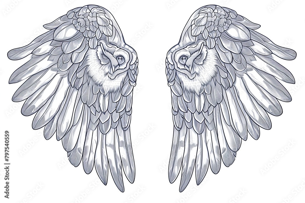 Wisdom and Mystery: Detailed Owl Wings Grey Line Art Wisdom and Mystery: Detailed Owl Wings Grey Line Art