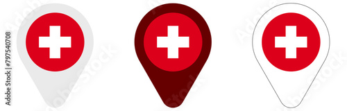 Swiss flag pinpoint set Switzerland map pin vector suisse pointers png red cross hospital medical location sign first aid svg photo