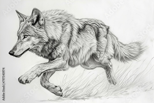 Pencil Drawing: Wild Energy Wolf Running - Defined Muscles; Flowing Fur; Realistic Details; Graphite on White