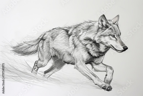 Wild Energy  Realistic Pencil Drawing of Running Wolf with Defined Muscles and Flowing Fur